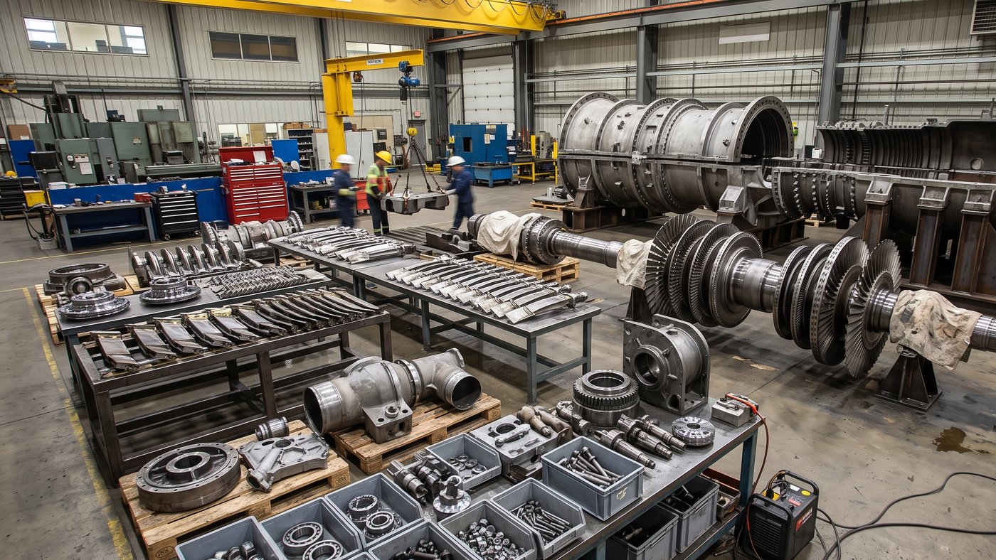 A turbine being disassembled with its parts laid out for harvesting