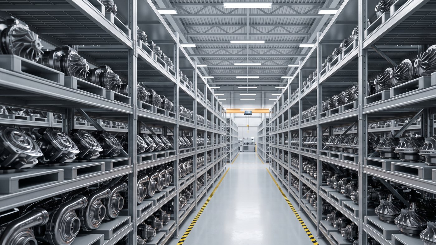 Rows of spare components on warehouse shelving