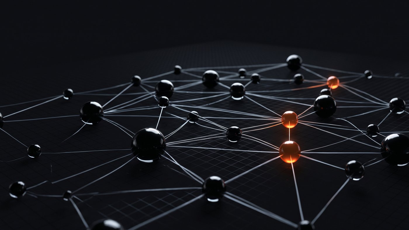 A network of connected nodes with a few highlighted in orange